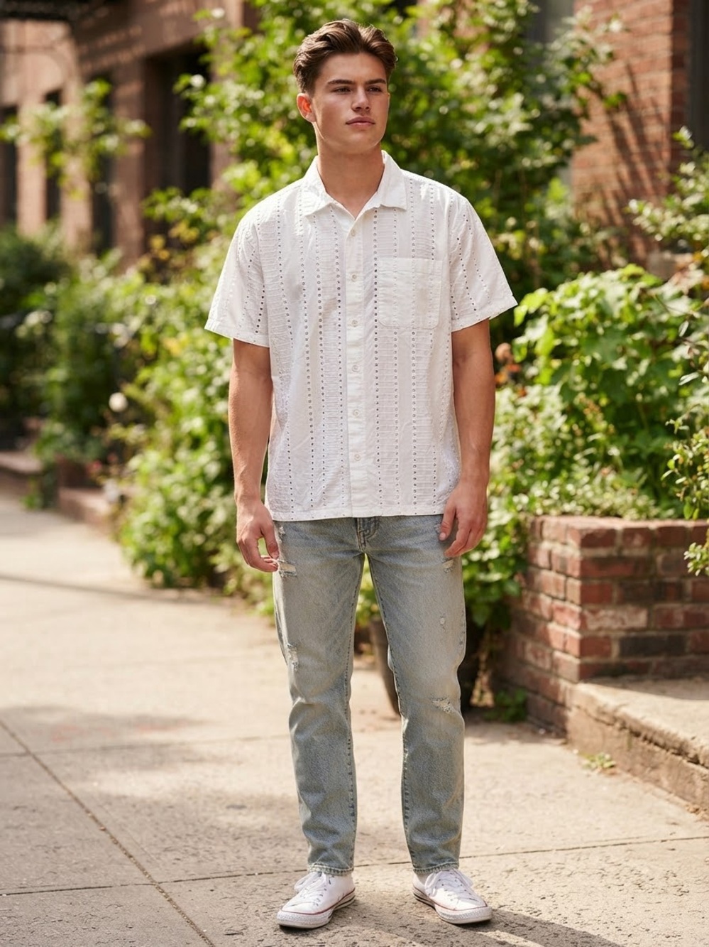 Obey 100% Organic Cotton White Short-Sleeve Eyelet Button-Down Shirt